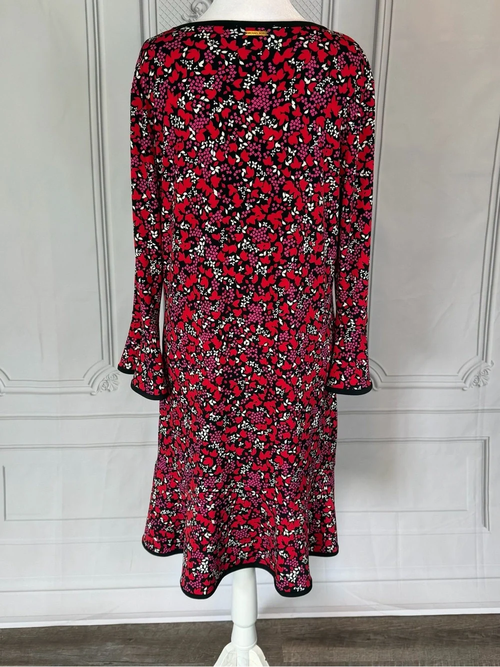 MICHAEL Michael Kors Red Floral Long Sleeve Shift Dress Sz L Black Trim Office